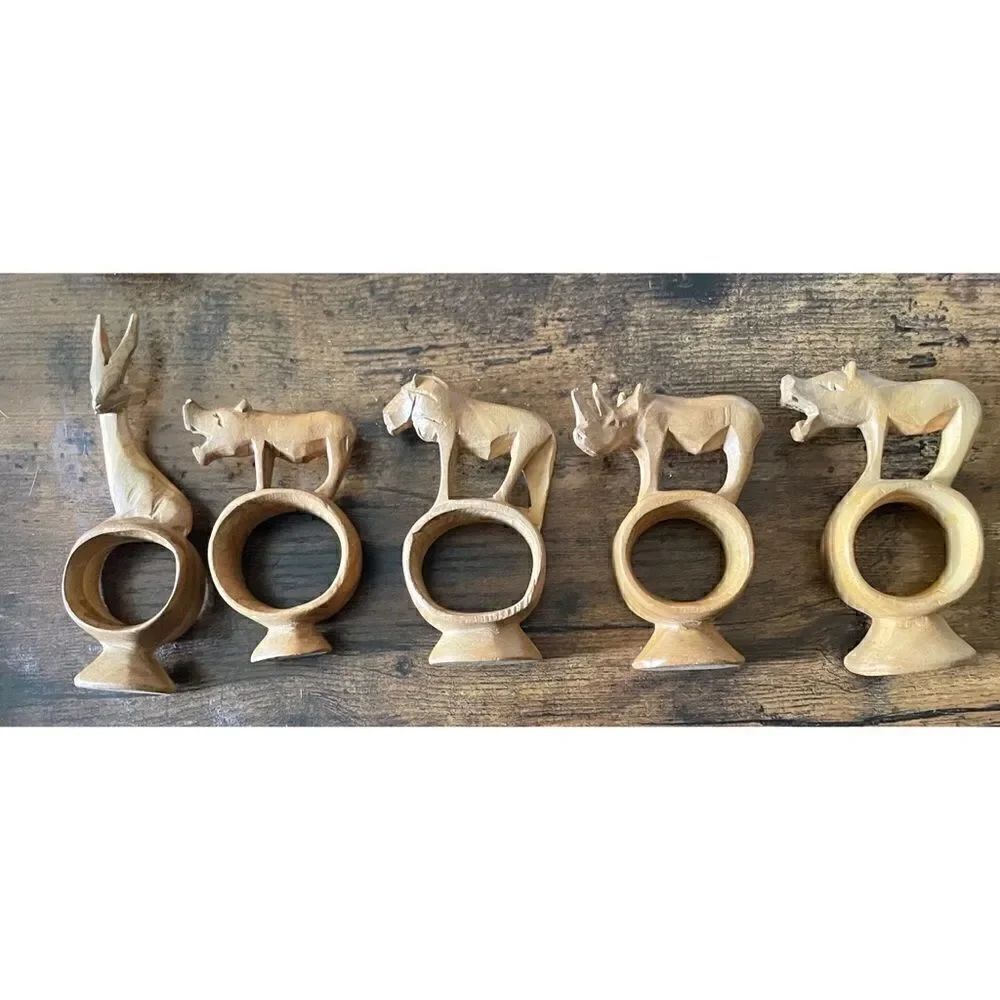Vintage Teak Wood Set of 5 Safari Themed Hand
Carved Napkin Rings